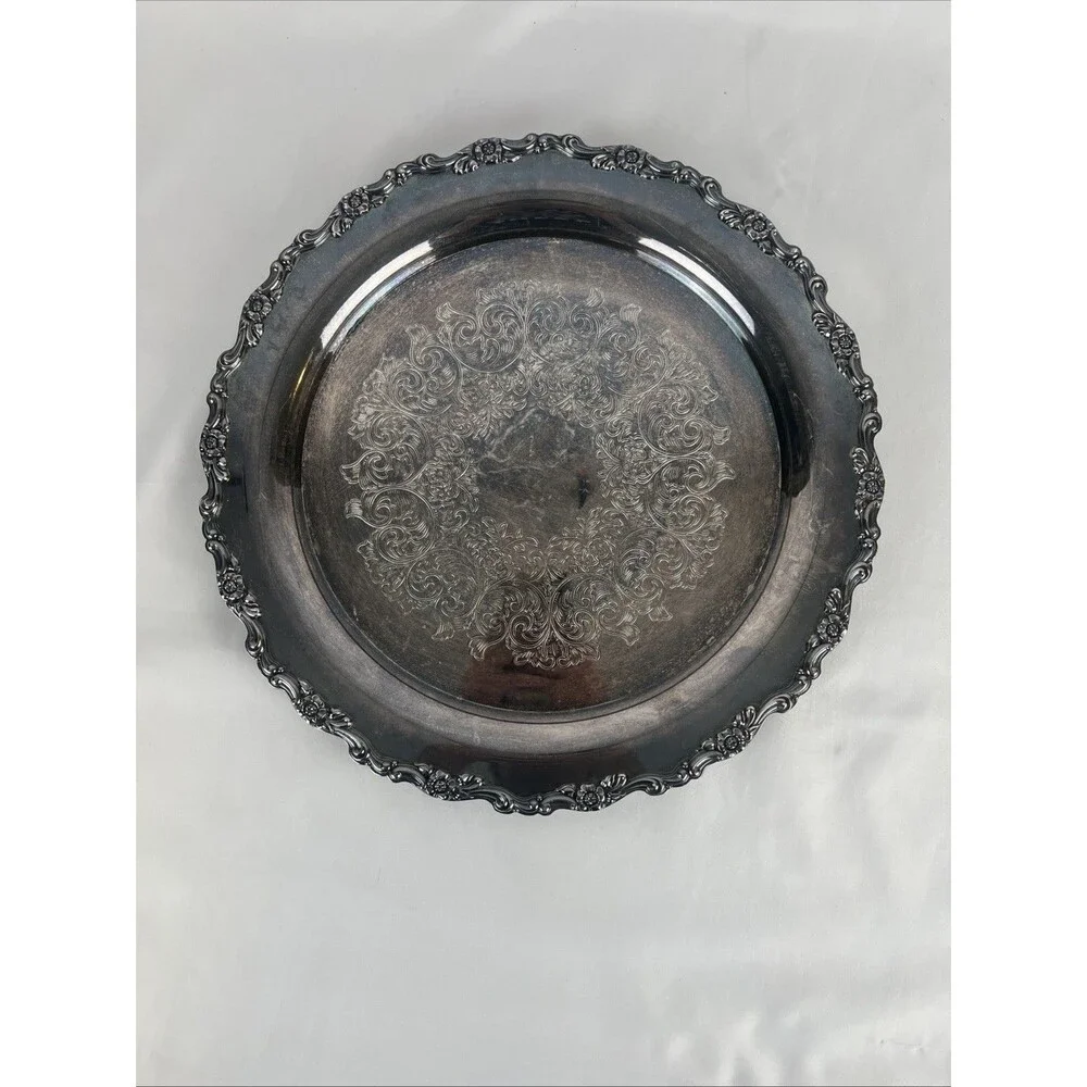 Vintage Silver-Plated Serving Tray Round Ornate Rim Engraved April 1976